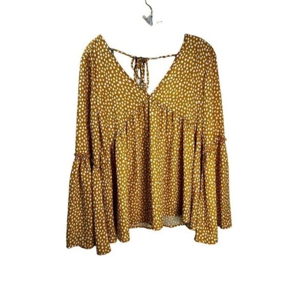 Peach Love‎ Yellow Printed Blouse Pixie Sleeves Large NWT - Picture 1 of 6